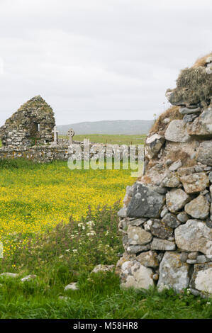 Moss and lichen covered ruined walls of Howmore's ancient chapels and graveyard on the Isle of South Uist, Outer South Uist churcebrides, Scotland, UK