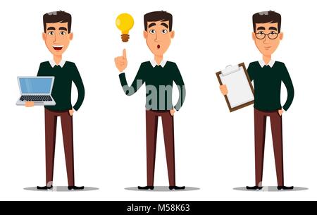 Business man cartoon character. Young handsome smiling businessman in smart casual clothes with laptop, with clipboard and with lamp. Set of three ill Stock Vector