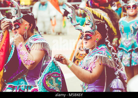 ORURO, BOLIVIA - FEBRUARY 10, 2018: Dancers at Oruro Carnival in Bolivia, declared UNESCO Cultural World Heritag on February 10, 2018 in Oruro, Bolivi Stock Photo