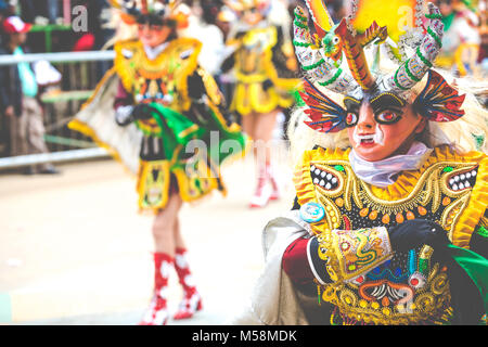 ORURO, BOLIVIA - FEBRUARY 10, 2018: Dancers at Oruro Carnival in Bolivia, declared UNESCO Cultural World Heritag on February 10, 2018 in Oruro, Bolivi Stock Photo