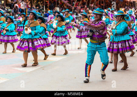 ORURO, BOLIVIA - FEBRUARY 10, 2018: Dancers at Oruro Carnival in Bolivia, declared UNESCO Cultural World Heritag on February 10, 2018 in Oruro, Bolivi Stock Photo