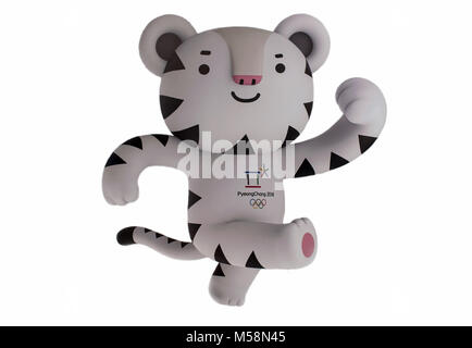 December 14, 2017 Moscow, Russia Official Mascot XXIII Winter Olympic Games in Pyeongchang, Republic of Korea white tiger Soohorang. Stock Photo