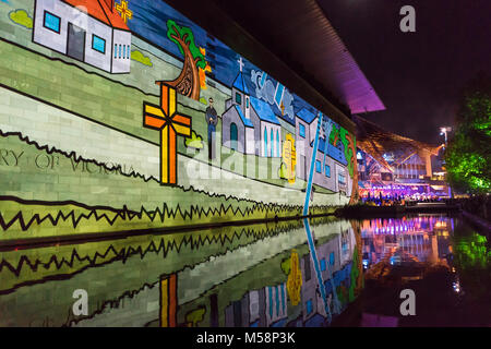 Melbourne, Australia - Feb 21, 2016: The annual White Night event - Colorful projection on the wall of the National Gallery Victoria Stock Photo