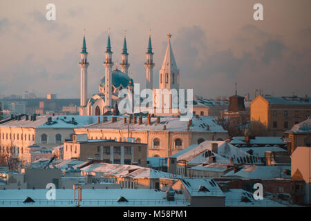 KAZAN, RUSSIA - DECEMBER 11, 2016: center of city - kremlin, mosque Kull Shariff. Winter sunset, telephoto Stock Photo