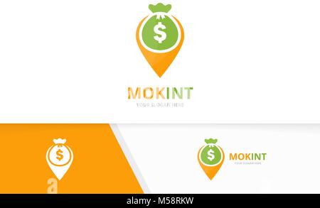 Vector bag and map pointer logo combination. Sack and gps locator symbol or icon. Unique money and pin logotype design template. Stock Vector