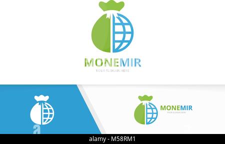 Vector bag and planet logo combination. Sack and world symbol or icon. Unique money and globe logotype design template. Stock Vector