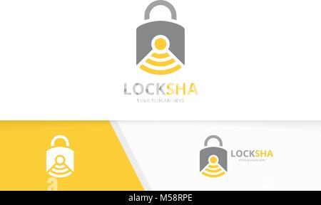 Vector lock and wifi logo combination. Safe and signal symbol or icon. Unique padlock and radio, internet logotype design template. Stock Vector