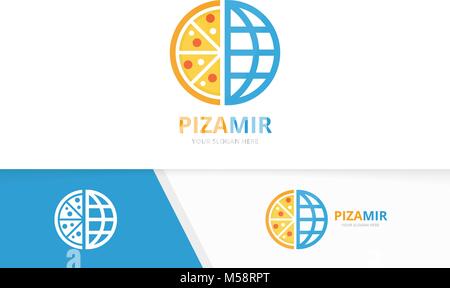 Vector pizza and planet logo combination. Food and world symbol or icon. Unique pizzeria and globe logotype design template. Stock Vector