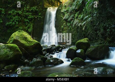Long exposure waterfall in the deep forest. Stock Photo