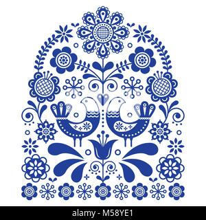 Folk art vector ornament with birds and flowers, Scandinavian navy blue floral pattern Stock Vector