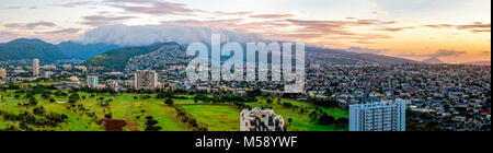 Panoramic view of Waikiki Oahu Hawaii at sunrise Stock Photo