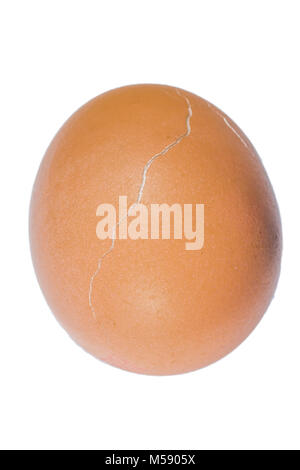 Close up of a brown chicken egg with a transverse crack in its shell on a white background Stock Photo