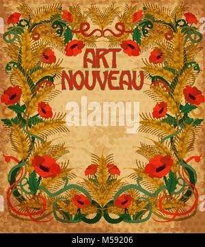 Wheaten poppies banner in art nouveau style, vector illustration Stock Vector