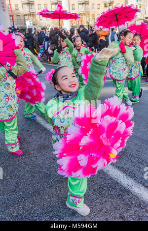 Young dancers at Chinese Lunar New Year Parade, Chinatown, Vancouver, British Columbia, Canada. Stock Photo