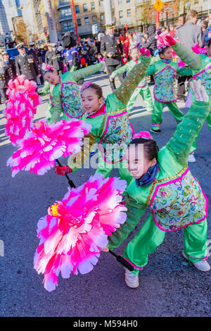 Young dancers at Chinese Lunar New Year Parade, Chinatown, Vancouver, British Columbia, Canada. Stock Photo