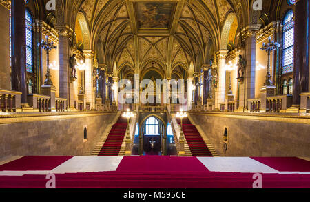 Interior view of Parliament Building in Budapest. The building was completed in 1905 and is in Gothic Revival style. Stock Photo