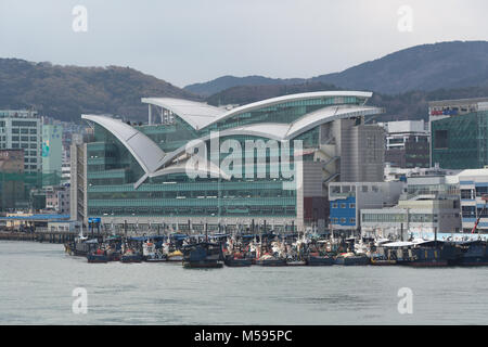 Busan, South Korea - March 24th, 2016: Busan, view on marine passenger terminal and boat landing stage. Stock Photo
