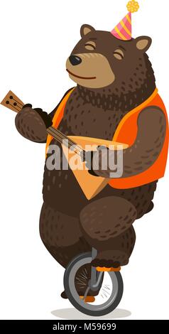 Circus performance. Happy bear rides unicycle and plays balalaika. Cartoon vector illustration Stock Vector