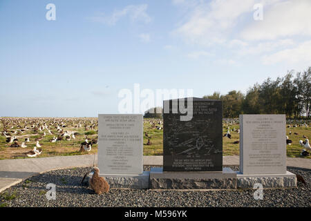 Battle of Midway National Memorial on Midway Atoll, made of grey granite and black marble, in a Laysan Albatross nesting colony on the island Stock Photo