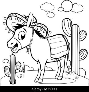Mexican donkey in the desert. Funny cartoon mariachi donkey with sombrero hat. Vector black and white coloring page. Stock Vector