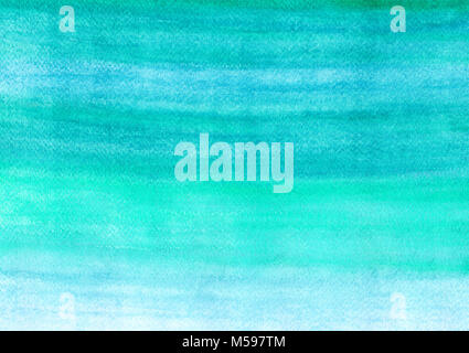 Light blue green hand painted watercolor background with copy space. Significant blur hand writing. Diluted paint. Paper texture. Stock Photo