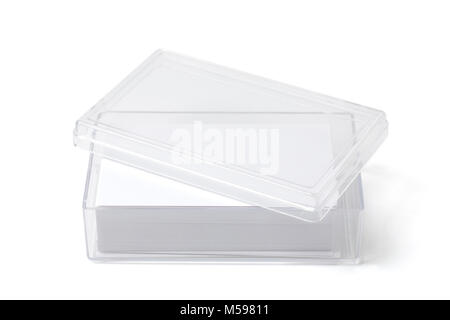 Open transparent plastic box holder with blank visit cards on white. Stock Photo