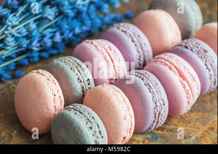 Freshly baked multi-colored berry macaroons close-up with lavender flowers, selective focus. Stock Photo