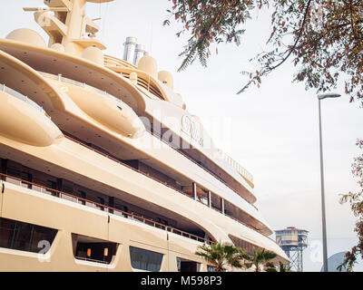 BARCELONA, SPAIN-FEBRUARY 16, 2018: Greatest personal yacht in the world 'Dilbar' owned by Russian businessman Alisher Usmanov in the port of Barcelon Stock Photo