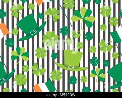Patrick's Day, seamless pattern with green clover leaves, Irish flag and leprechaun hat on a striped background. For banner and greeting card. Typogra Stock Vector