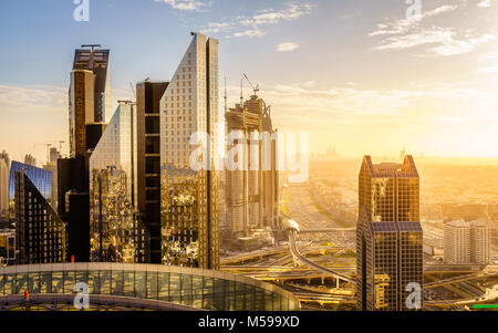 Bird's eye view of Dubai skyline and rush hour traffic in downtown Stock Photo