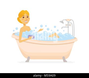 Young woman having a bath - cartoon people character isolated illustration Stock Vector