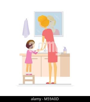 Girl washing her hands - cartoon people character isolated illustration Stock Vector
