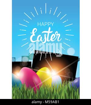 Happy Easter Greeting Card With Colorful Easter In Green Grass Over Blue Shining Background Stock Vector
