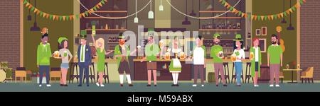 Group Of People Celebrate St. Patricks Day Holiday In Traditional Decorated Irish Pub Drinking Beer Horizontal Banner Stock Vector