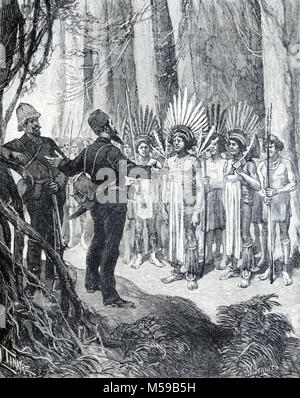 Henri Anatole Coudreau (1859-1899) French Geographer and explorer of French Guiana and the Amazon Basin Meets Chiefs of the Wayana Tribe in French Guiana, South America (Engraving, 1889) Stock Photo