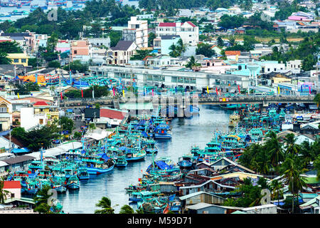 local fishing vessels at anchorage on island harbor in Phu Quoc, Vietnam. Stock Photo