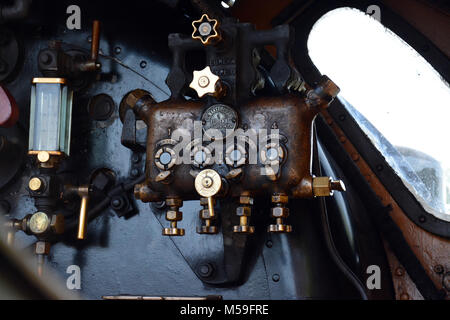 847 cab at The Bluebell Railway - Steam train preservation in Sussex running from Sheffield Park to East Grinstead mainline electric Stock Photo