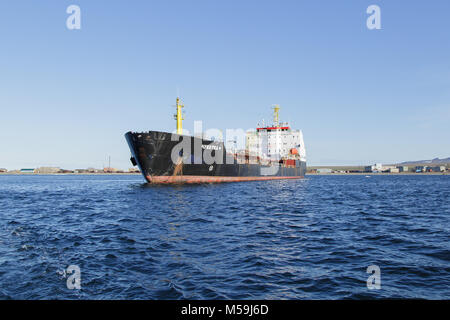 Lavrentiya, Chukotski region, Russia - Settlement Lavrentiya, June 16, 2017: The Tanker Chukotka+ on anchorage of sea vessels. Stock Photo