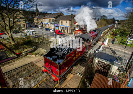 Bury, East Lancashire. 21st Feb, 2018. UK Weather.Another fine day for visitors riding on the volunteer run East Lancashire Railway today. A bumper crowd was expected to tour the line from Bury to Rawtenstall during the half-term holidays. Pulling the carriages was the locomotive 'The Crab' 13056. The engine pulling in to Ramsbottom Station. Picture by Paul Heyes, Wednesday February 21, 2018. Credit: Paul Heyes/Alamy Live News Stock Photo