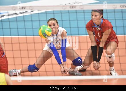 Prostejov, Czech Republic. 21st Feb, 2018. L-R Julie Kovarova and Andrea Kossanyiova (both Prostejov) in action during the VK Agel Prostejov (Czech Republic) vs Imoco Volley Conegliano (Italy) volleyball match of the Women's Volleyball Champions League in Prostejov, Czech Republic, on February 21, 2018. Credit: Ludek Perina/CTK Photo/Alamy Live News Stock Photo