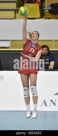 Prostejov, Czech Republic. 21st Feb, 2018. Laura Emonts (Prostejov) in action during the VK Agel Prostejov (Czech Republic) vs Imoco Volley Conegliano (Italy) volleyball match of the Women's Volleyball Champions League in Prostejov, Czech Republic, on February 21, 2018. Credit: Ludek Perina/CTK Photo/Alamy Live News Stock Photo