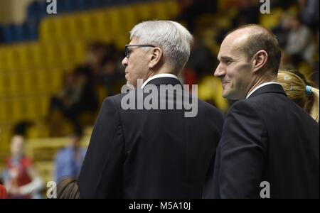 Prostejov, Czech Republic. 21st Feb, 2018. Miroslav Cada (left), Coach of Prostejov, and his Assistant Lubomir Petras are seen during the VK Agel Prostejov (Czech Republic) vs Imoco Volley Conegliano (Italy) volleyball match of the Women's Volleyball Champions League in Prostejov, Czech Republic, on February 21, 2018. Credit: Ludek Perina/CTK Photo/Alamy Live News Stock Photo