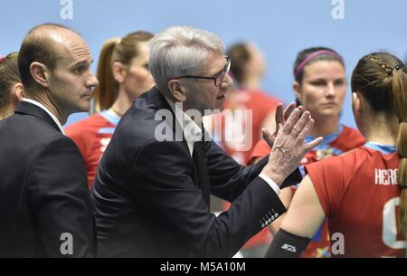Prostejov, Czech Republic. 21st Feb, 2018. Miroslav Cada (center), Coach of Prostejov, and his Assistant Lubomir Petras (left) are seen during the VK Agel Prostejov (Czech Republic) vs Imoco Volley Conegliano (Italy) volleyball match of the Women's Volleyball Champions League in Prostejov, Czech Republic, on February 21, 2018. Credit: Ludek Perina/CTK Photo/Alamy Live News Stock Photo