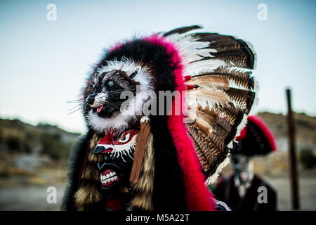 The Pharisees of the Yaqui tribe perform a ritual with masks of strange characters from animals, demons, aliens, extra terrestrials, etc., as part of Lent in Coloso Alto colony in Hermosillo, Sonora, Mexico. Stock Photo