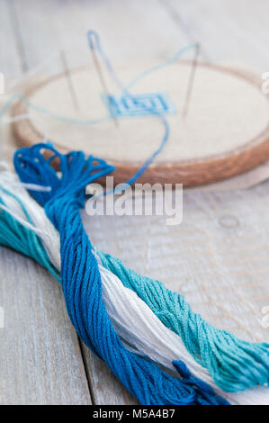 Set for embroidery, embroidery hoop and embroidery thread, selective focus Stock Photo