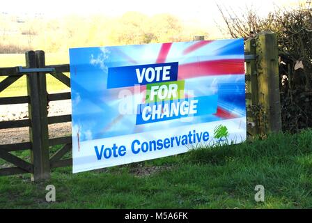 A General Election campaign poster for the Conservative party on a farm gate at Rolvenden in Kent, England on April 24, 2010. Stock Photo