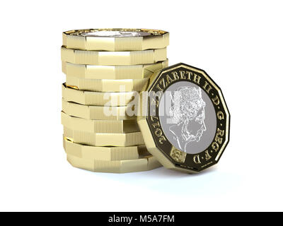 New £1 one pound coins sterling in a stack - macro close up Stock Photo