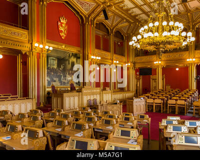 Interior of the Norwegian Parliament Chamber in Oslo, Norway, also known as the Storting or Stortinget Stock Photo