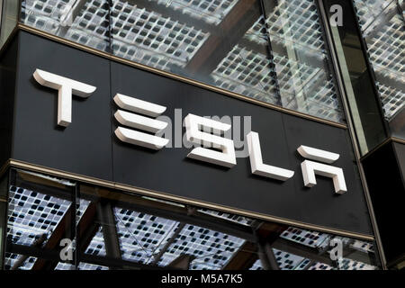 Tesla showroom sign logo Stock Photo