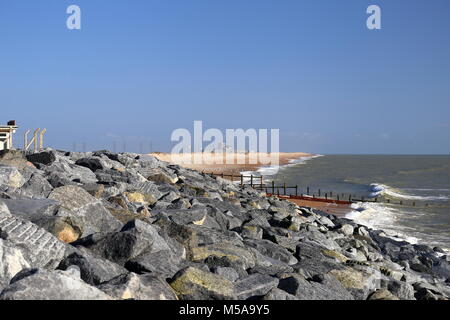Sea defences, with Dungeness Nuclear Power Station in distance, Broomhill Sands, Rye, East Sussex, England, Great Britain, United Kingdom, UK, Europe Stock Photo